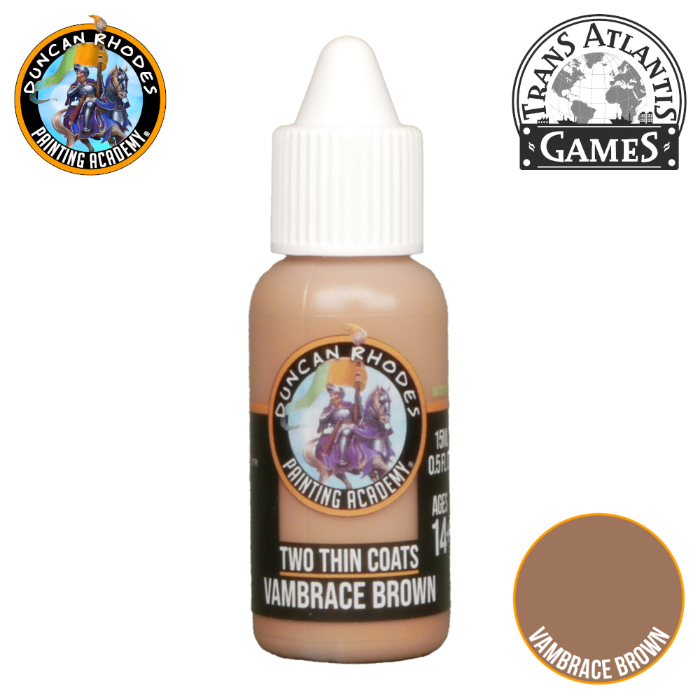 A tan dropper bottle of Duncan Rhodes Vambrace Brown model paint, with a circular brown colour swatch