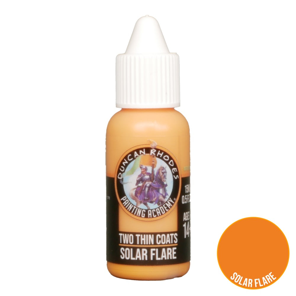A Duncan Rhodes 'Solar Flare' light orange hobby paint dropper bottle with a bright orange colour swatch