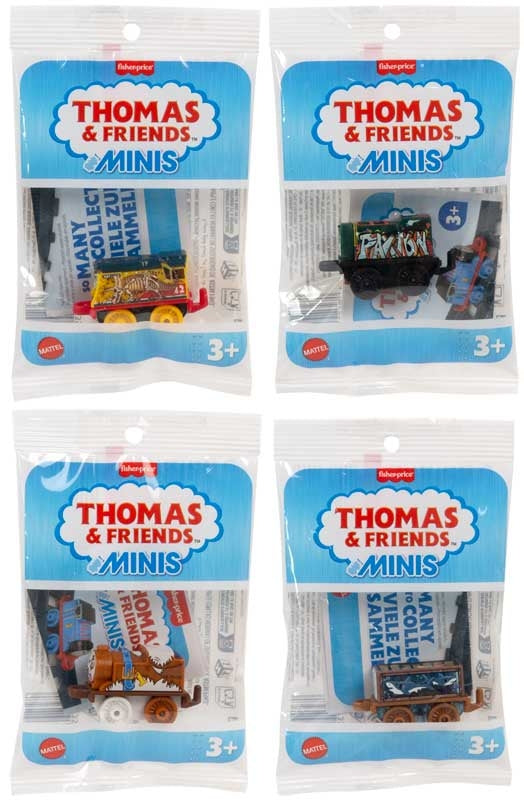 Four clear plastic packages of Fisher-Price Thomas and Friends Non-Blind Mini Vehicles Toy, each displaying a different miniature train inside