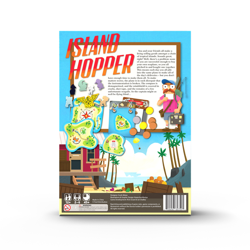 Box back for the Island Hopper board game showing tropical islands game pieces and description text