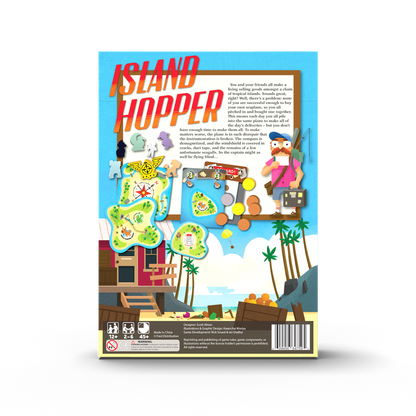 Box back for the Island Hopper board game showing tropical islands game pieces and description text