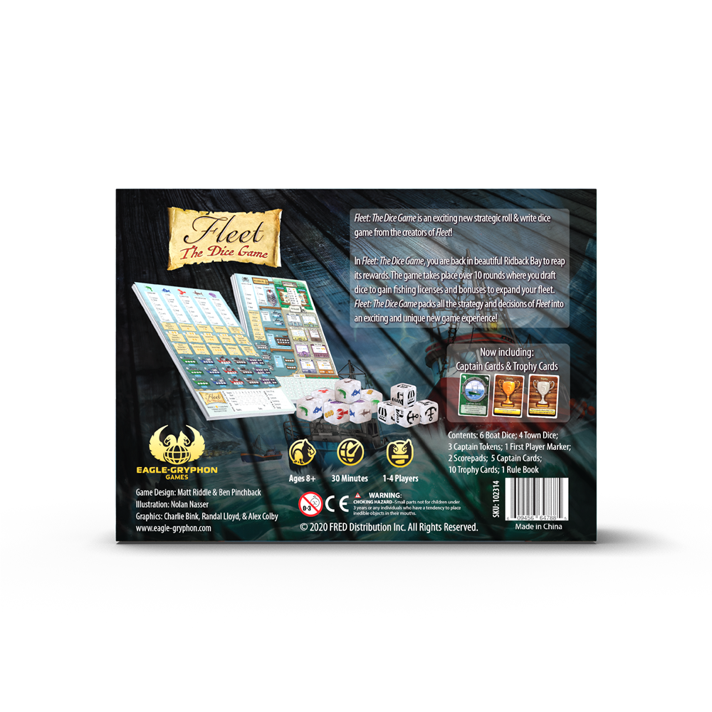 Fleet: The Dice Game 2nd Edition gameplay components including dice, cards, and tokens arranged on a table