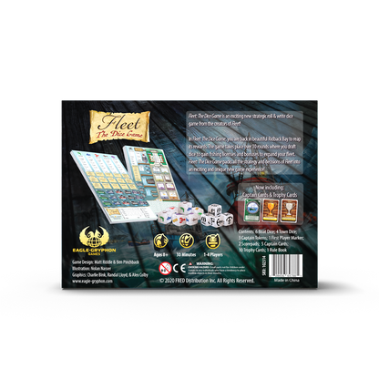 Fleet: The Dice Game 2nd Edition gameplay components including dice, cards, and tokens arranged on a table