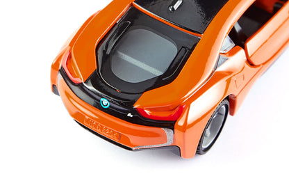 Rear view of an orange and black die-cast BMW i8 miniature sports car model