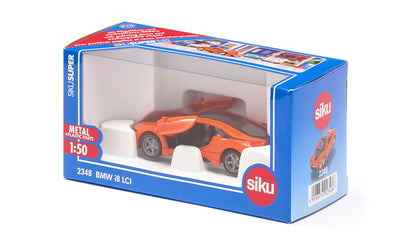 Packaged orange Siku BMW i8 LCI 1:50 scale model car with gullwing doors open