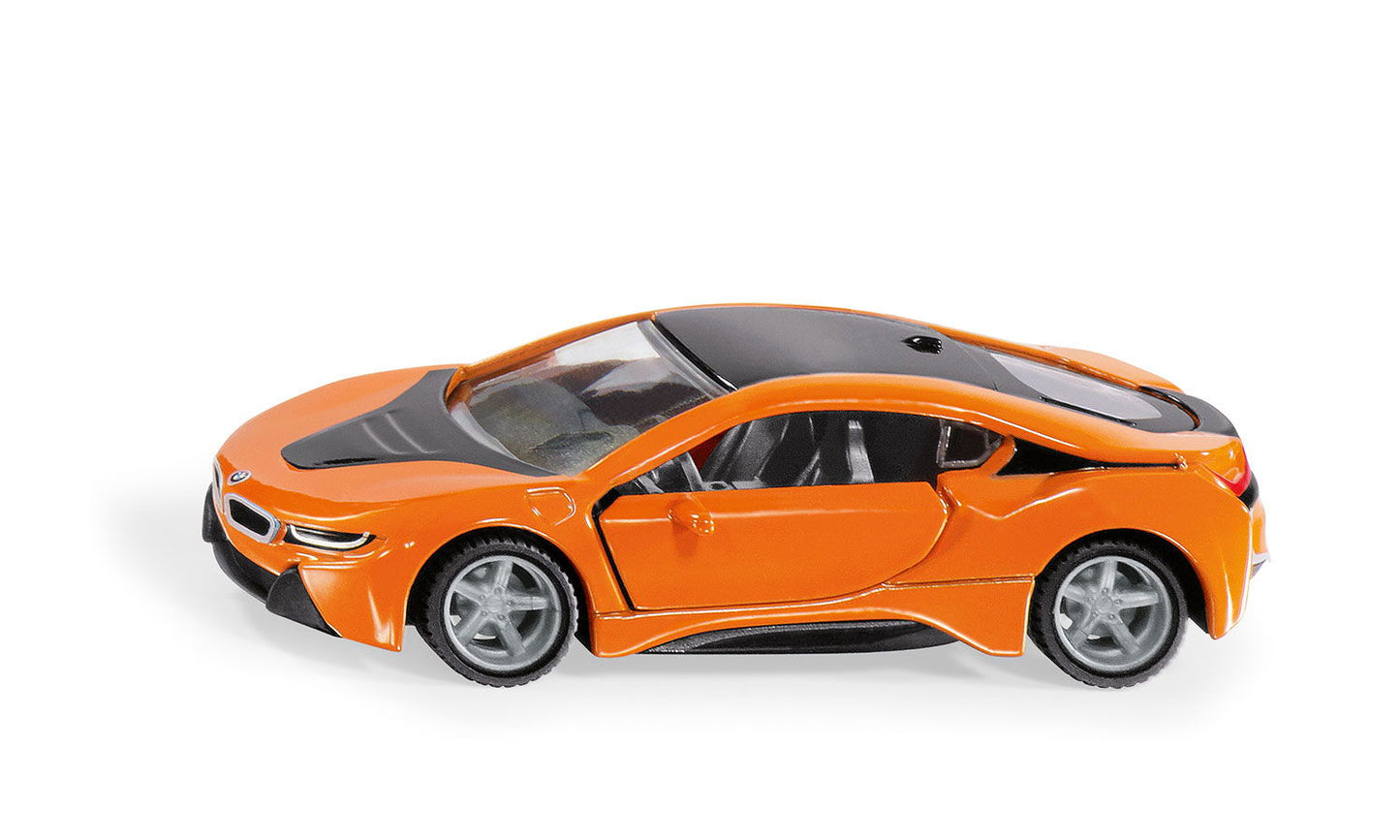 Die-cast model of an orange and black BMW i8 sports car