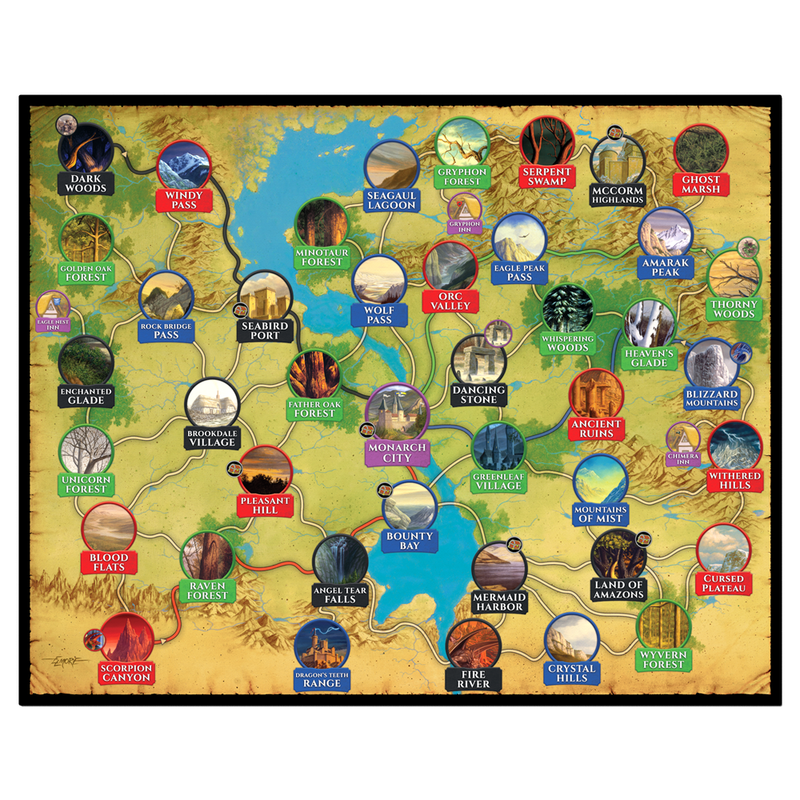 Detailed fantasy map of a vibrant sprawling world featuring diverse locations connected by paths suitable for a board game or roleplaying adventure