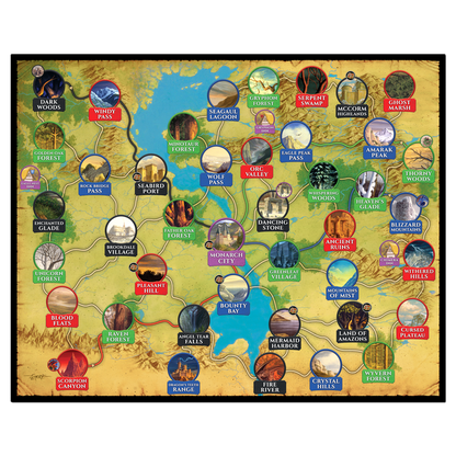 Detailed fantasy map of a vibrant sprawling world featuring diverse locations connected by paths suitable for a board game or roleplaying adventure
