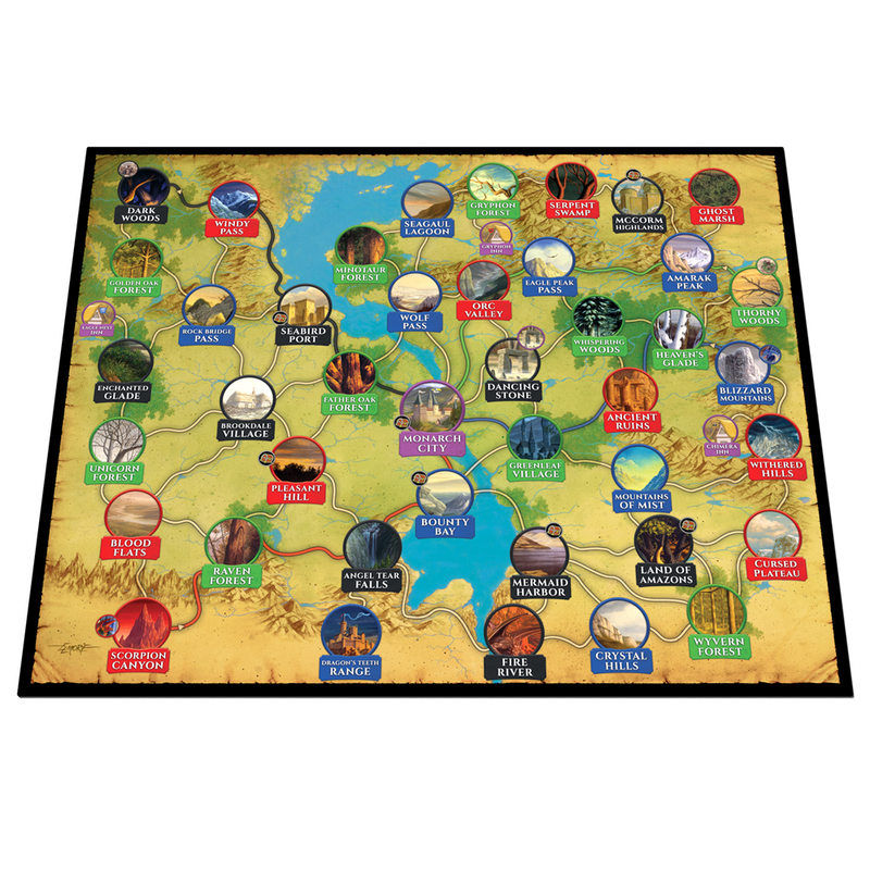 Overhead view of a detailed fantasy world map with numerous labeled locations paths connecting different areas and various terrains including forests mountains and water