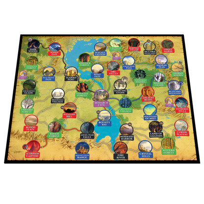 Overhead view of a detailed fantasy world map with numerous labeled locations paths connecting different areas and various terrains including forests mountains and water