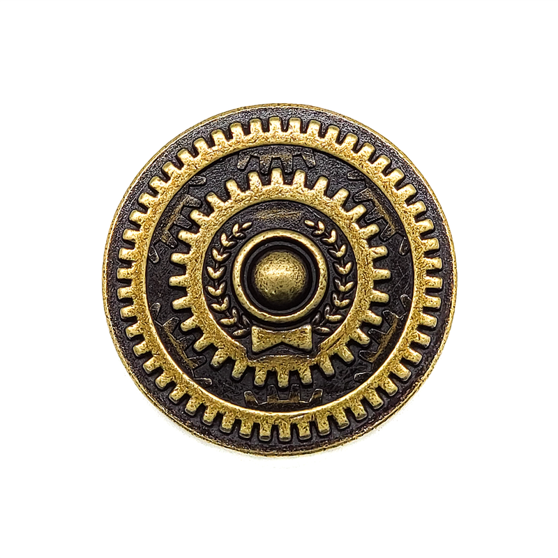 Antique gold metal button with gear and laurel wreath design