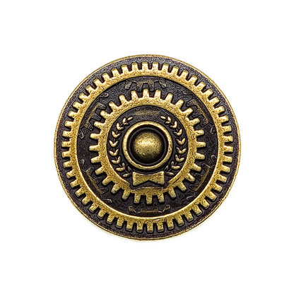 Antique gold metal button with gear and laurel wreath design