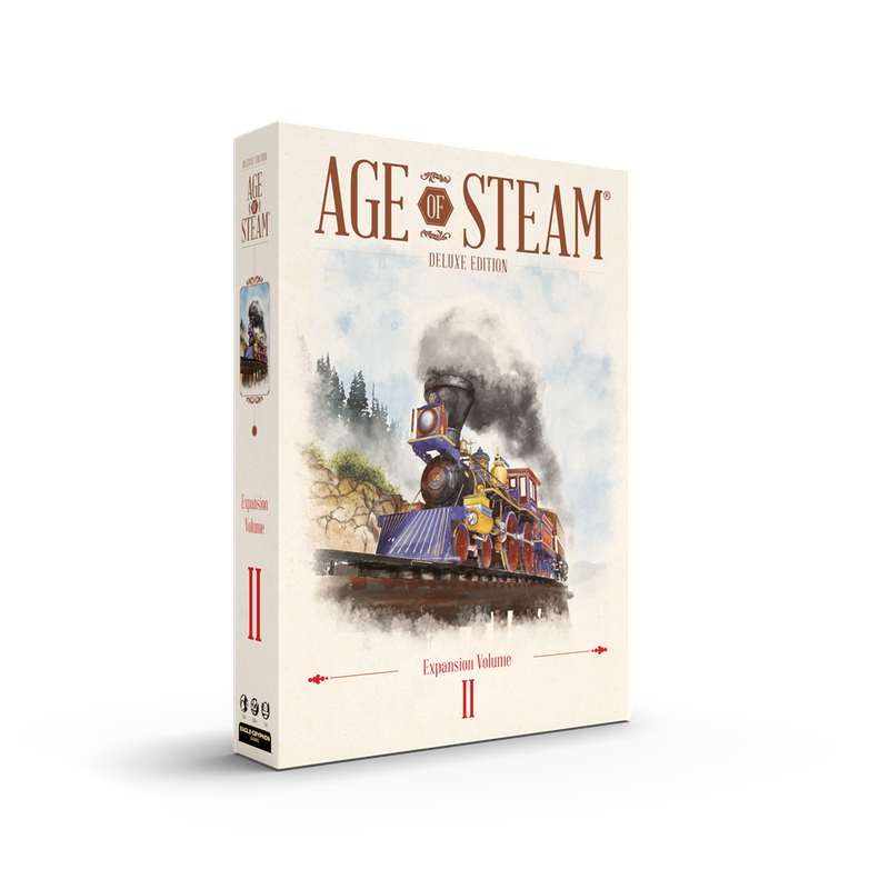 Vertical view of the Age of Steam Deluxe Edition Expansion Volume 2 board game box featuring steam engine artwork