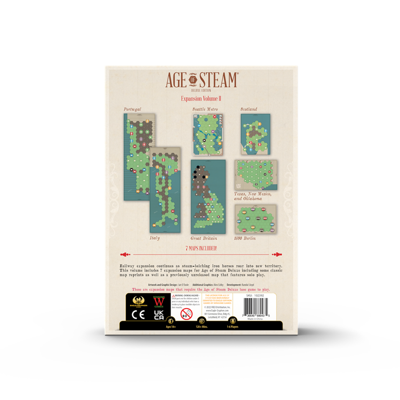 Age of Steam Deluxe Expansion Volume II box featuring maps of Portugal, Italy, Great Britain, Seattle Metro, Scotland, Texas, New Mexico, Oklahoma and 1890 Berlin
