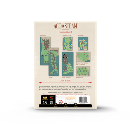 Age of Steam Deluxe Expansion Volume II box featuring maps of Portugal, Italy, Great Britain, Seattle Metro, Scotland, Texas, New Mexico, Oklahoma and 1890 Berlin