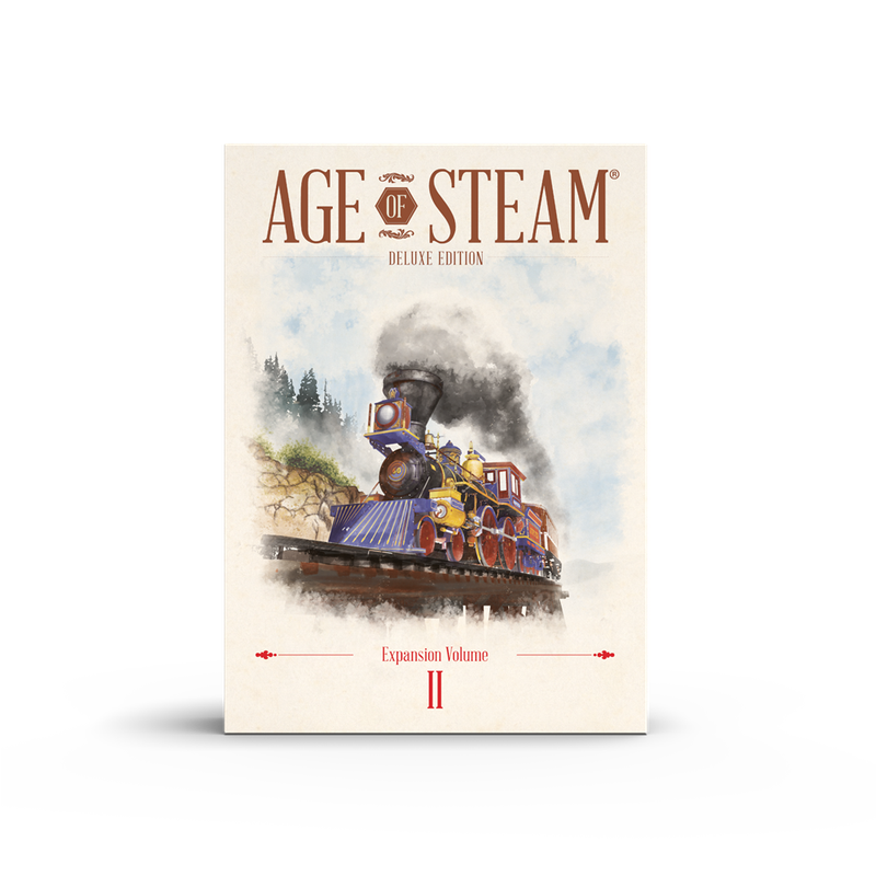 Box art for Age of Steam Deluxe Edition Expansion Volume II featuring a steam train