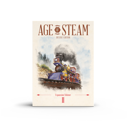 Box art for Age of Steam Deluxe Edition Expansion Volume II featuring a steam train