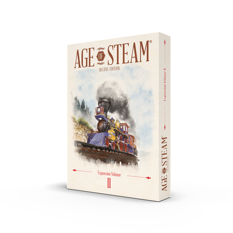Age of Steam Deluxe Edition Expansion Volume II board game box showing a steam locomotive on the cover