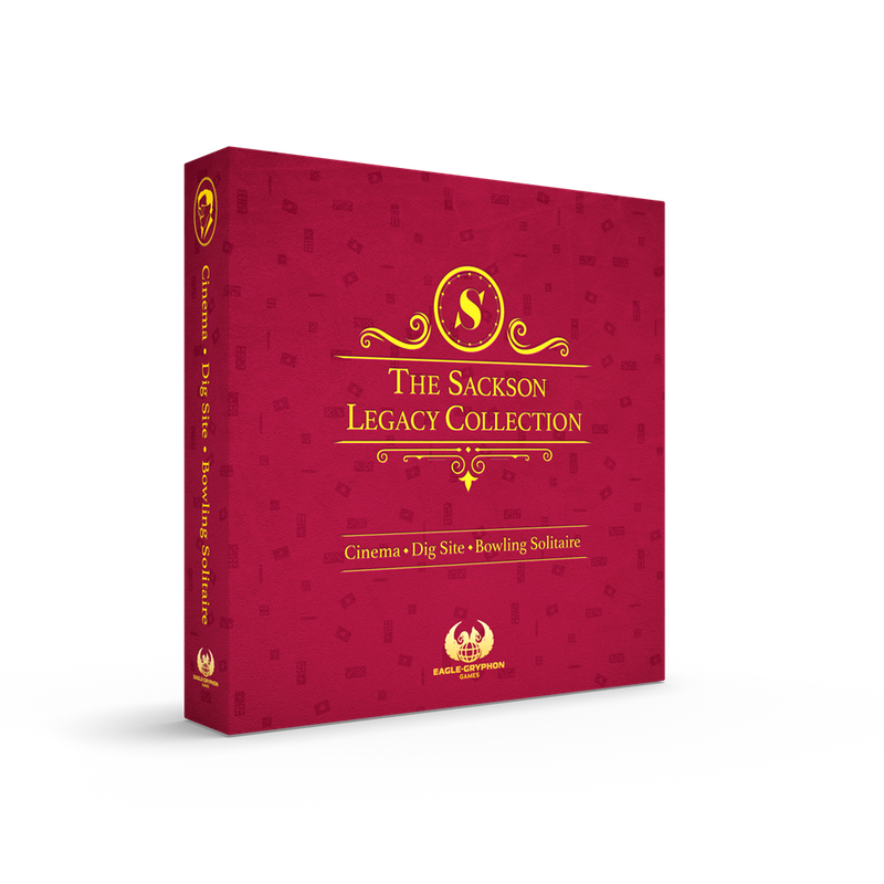 The Sackson Legacy Collection board game box a vibrant red with intricate gold detailing and title