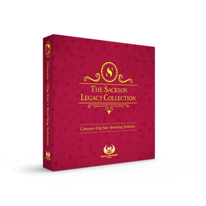 The Sackson Legacy Collection board game box a vibrant red with intricate gold detailing and title