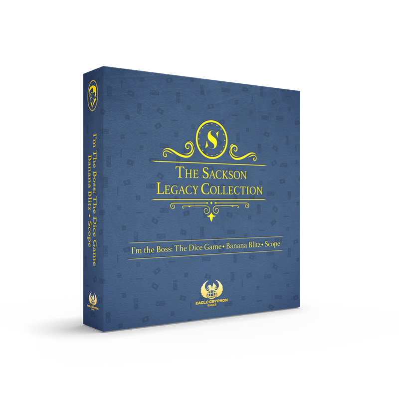 The Sackson Legacy Collection board game box in dark blue with gold lettering featuring I'm the Boss The Dice Game Banana Blitz Scope on the spine and cover