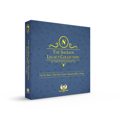 The Sackson Legacy Collection board game box in dark blue with gold lettering featuring I'm the Boss The Dice Game Banana Blitz Scope on the spine and cover