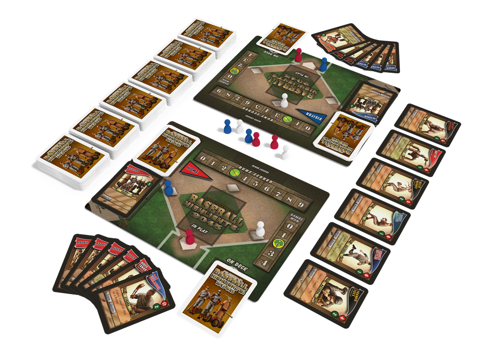 Baseball Highlights 2045 card and board game setup, featuring player cards, score trackers, and game pieces