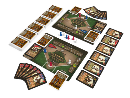 Baseball Highlights 2045 card and board game setup, featuring player cards, score trackers, and game pieces