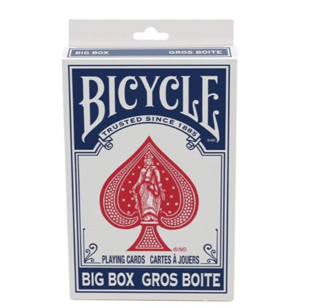 White Bicycle playing cards 'Big Box' with blue text and a prominent red spade design