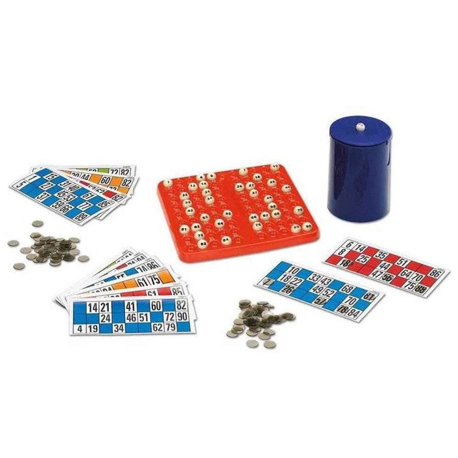 A complete Bingo game set, including numbered cards, markers, a red tracking board, and a blue ball tumbler