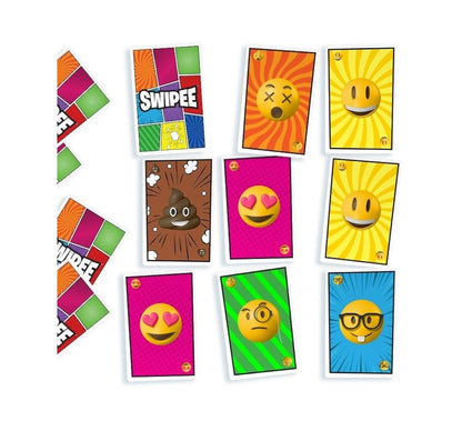 Nine colorful playing cards featuring assorted emojis (poop, heart eyes, and geek face) and a title card