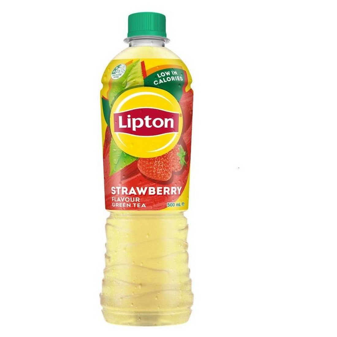Lipton 500ml bottle of Strawberry Flavour Green Tea, low in calories, isolated on a white background