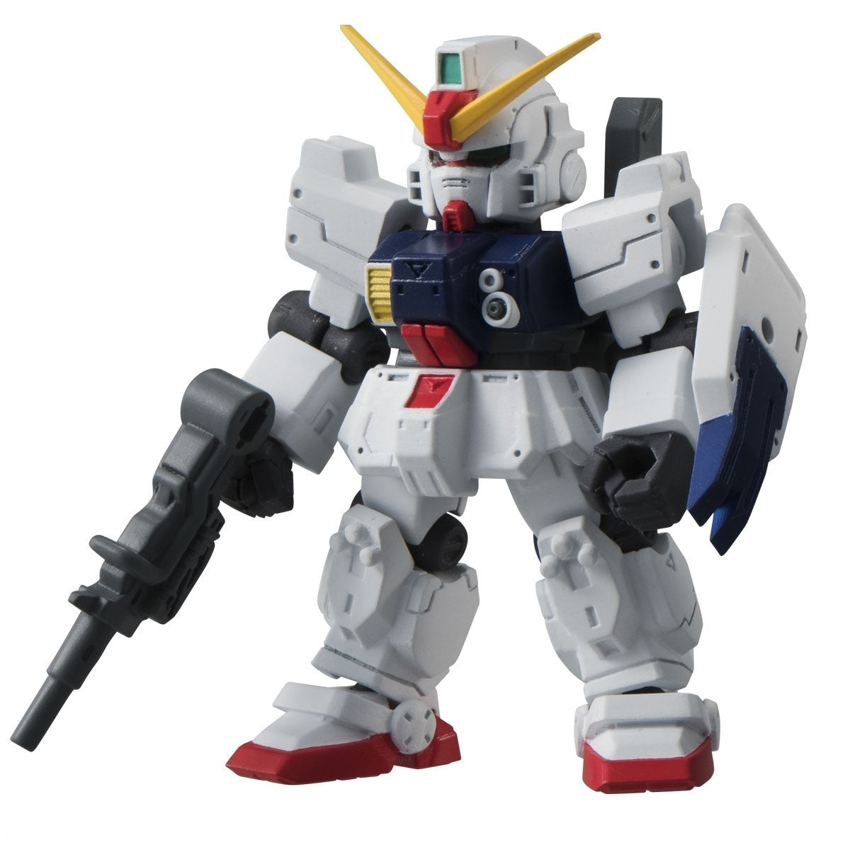 White and blue SD Gundam robot figure with rifle and shield