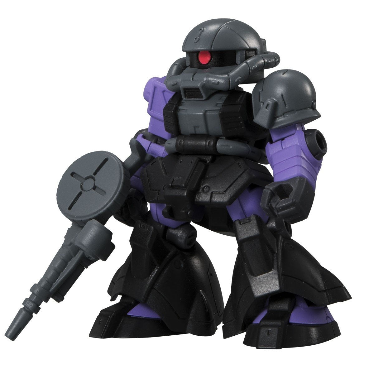 Stylized Zaku II figure in black, gray, and purple armor, holding a rifle with a drum magazine