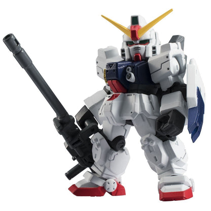 White SD Gundam action figure holding a long rifle and shield
