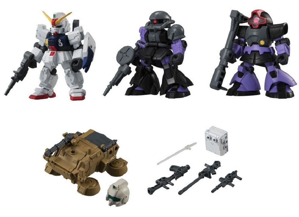 Three SD Gundam mobile suit figures (white, black/purple), a tank, and accessory weapons/parts