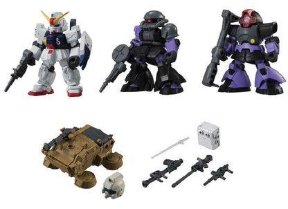 Three SD Gundam mobile suit figures (white, black/purple), a tank, and accessory weapons/parts