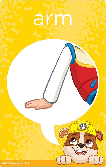 Rubble the Paw Patrol pup on a yellow flashcard illustrating an arm