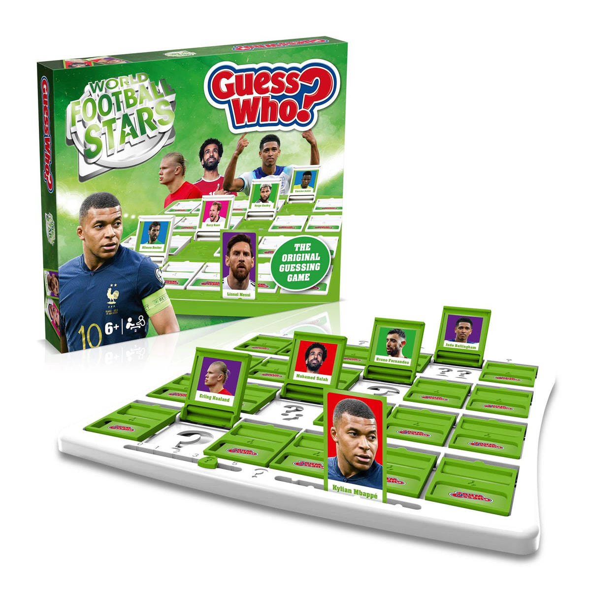 Guess Who World Football Stars green guessing game board with player cards featuring Kylian Mbapp Erling Haaland Mohamed Salah Bruno Fernandes and Jude Bellingham