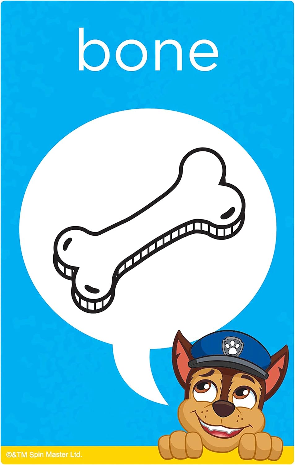 Paw Patrol Chase educational card on a blue background, showing the word "bone" and a line drawing of a dog bone