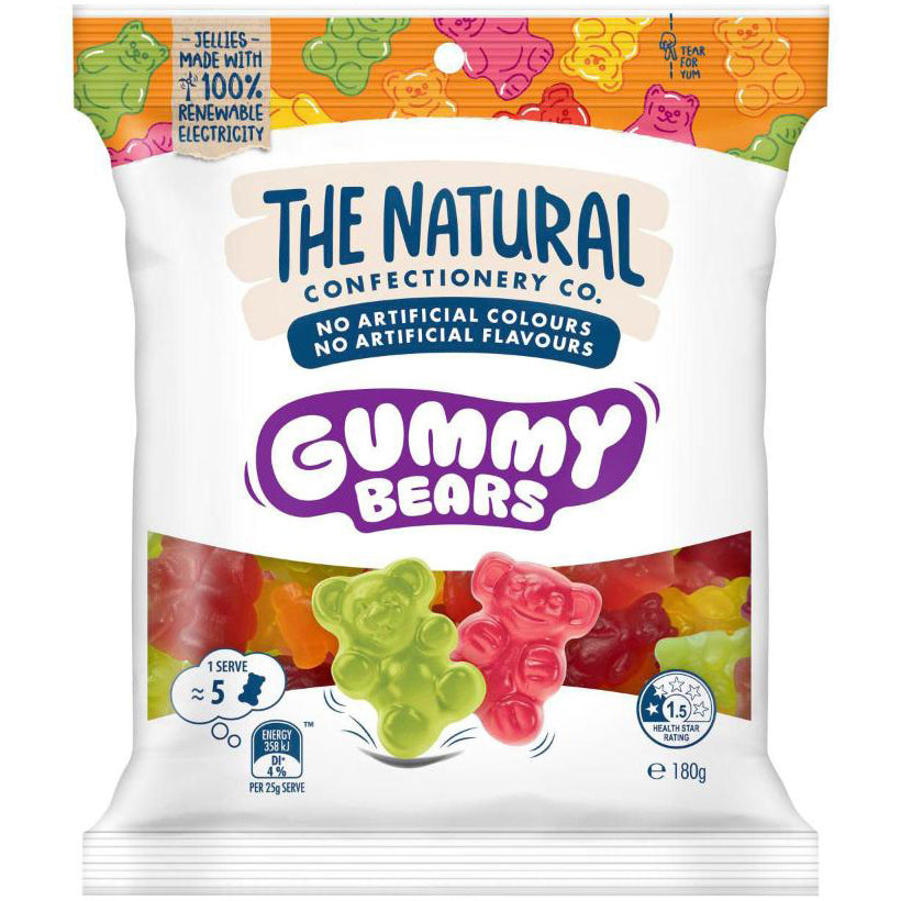 Bag of The Natural Confectionery Co. Gummy Bears, showing green and red gummy bears on the packaging