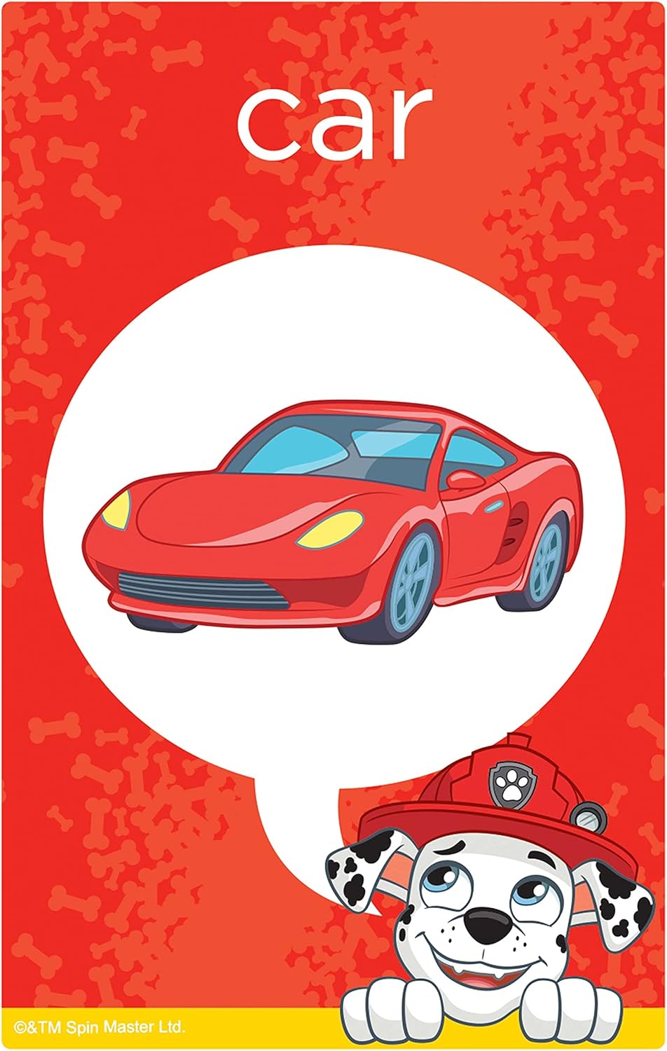 Paw Patrol Marshall flashcard with "car" text and a red sports car illustration