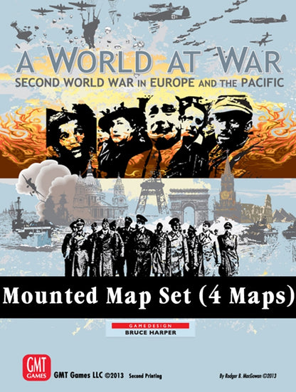 Cover for 'A World At War: Second World War in Europe and the Pacific' game, features WWII planes, paratroopers, military leaders, European landmarks, and text 'Mounted Map Set (4 Maps)'