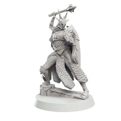 Detailed grey fantasy warrior miniature in spiked armor raising a mace overhead, holding an ornate shield