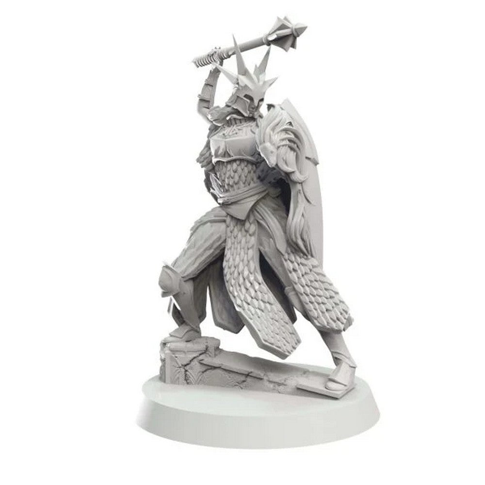 Detailed grey fantasy warrior miniature in spiked armor raising a mace overhead, holding an ornate shield