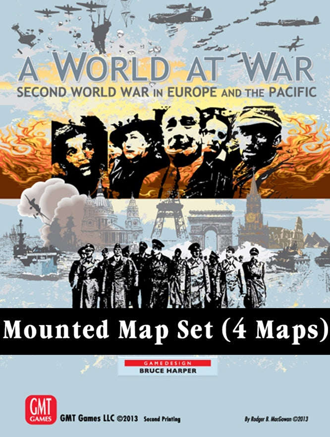 Cover for 'A World At War: Second World War in Europe and the Pacific' game, features WWII planes, paratroopers, military leaders, European landmarks, and text 'Mounted Map Set (4 Maps)'