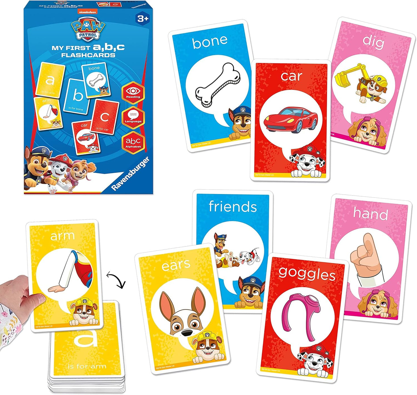 Paw Patrol Ravensburger My First ABC Flashcards set, showing cards for "arm," "bone," and "car" with illustrations of Chase, Skye, and Marshall