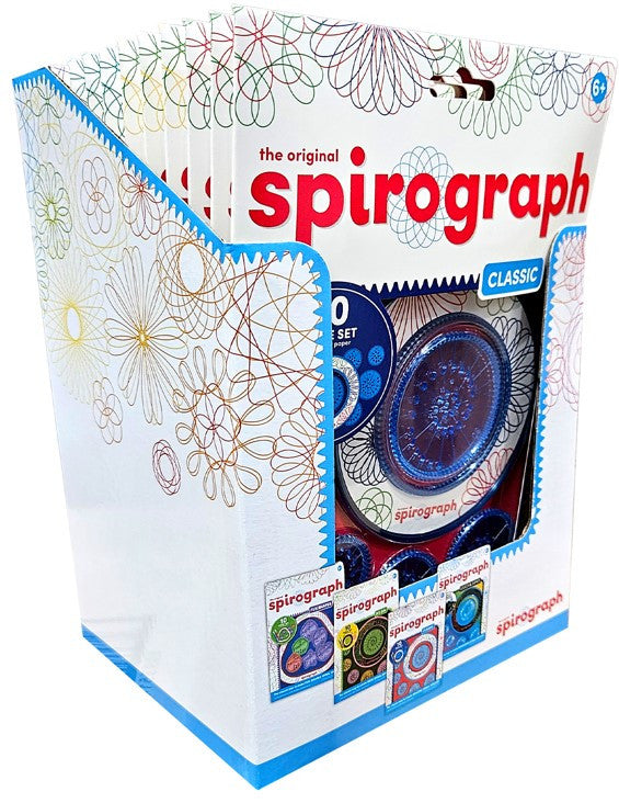 The original Spirograph Classic kit with geometric design stencils and paper in a retail box