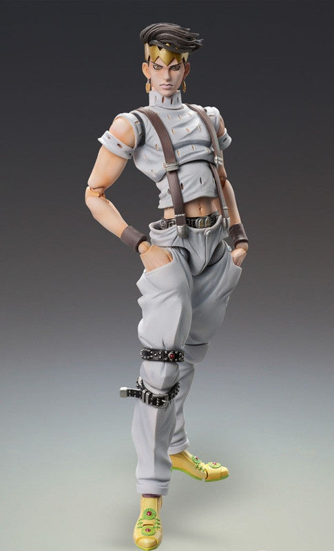 Full body shot of a Rohan Kishibe action figure wearing a light grey outfit with brown suspenders