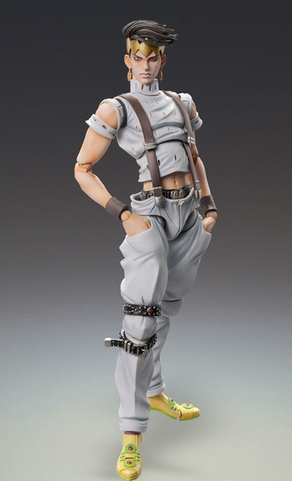 Full body shot of a Rohan Kishibe action figure wearing a light grey outfit with brown suspenders